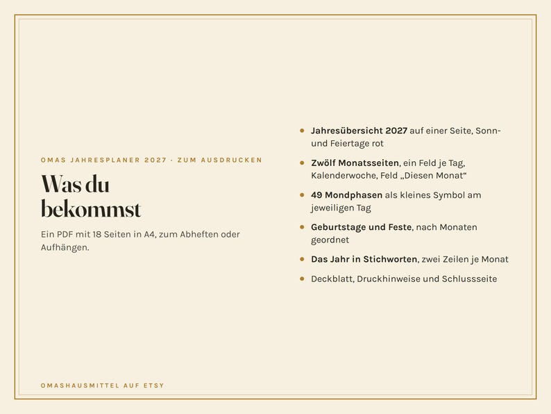 May include: A beige digital planner document titled OMAS JAHRESPLANER 2027 ZUM AUSDRUCKEN. The text lists features including a 2027 annual overview, twelve monthly pages with daily fields, moon phases, birthday sections, and printing instructions in A4 format.