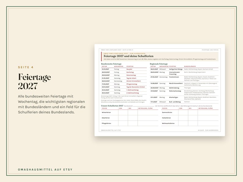 Peut inclure: Une page imprim&eacute;e intitul&eacute;e Feiertage 2027 pr&eacute;sentant un calendrier des jours f&eacute;ri&eacute;s allemands et des p&eacute;riodes de vacances scolaires. Le document comprend des colonnes pour les dates, les jours de la semaine et des informations r&eacute;gionales.