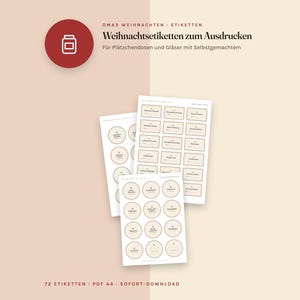 May include: Three sheets of printable labels featuring circular and rectangular designs with text in German. The labels are cream-colored with dark text and borders, presented against a split-tone background of light pink and beige.