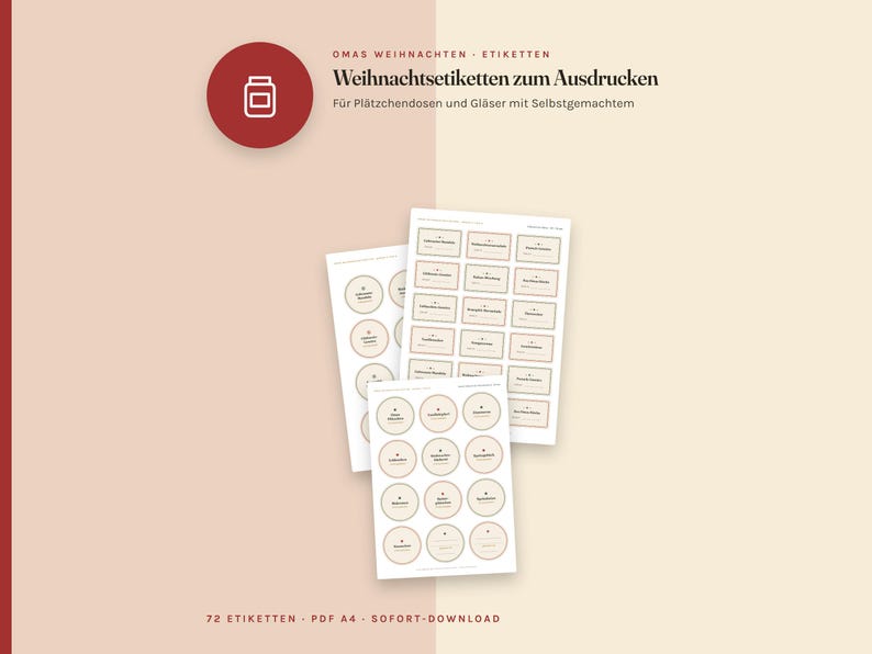 May include: Three sheets of printable labels featuring circular and rectangular designs with text in German. The labels are cream-colored with dark text and borders, presented against a split-tone background of light pink and beige.