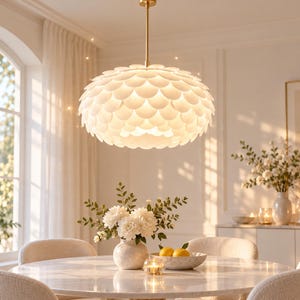 May include: A round pendant light fixture featuring layered white, petal-shaped discs arranged in a tiered pattern. The lamp is suspended from the ceiling by a thin, straight brass-colored metal rod and emits a soft, warm glow.