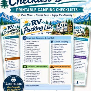 May include: A four-page RV Checklist Bundle featuring printable camping lists. The documents include sections for packing, departure, and arrival, with categories for documents, kitchen, electronics, and outdoor gear, all set against a mountain landscape.