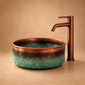 Könnte beinhalten: Ein rundes Aufsatzwaschbecken mit Kupferrand und einer strukturierten Oberfläche, die von einem dunklen Band in eine leuchtende türkisfarbene Patina übergeht. Ein hoher, passender Kupferwasserhahn mit Einhebelmischer steht neben dem Becken.
