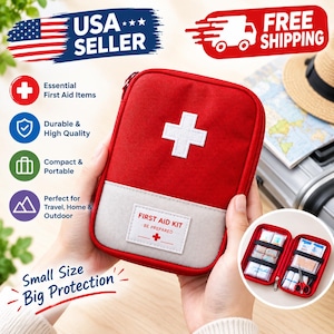 May include: A rectangular red and gray first aid kit with a white cross emblem on the front. The kit features a label that reads FIRST AID KIT BE PREPARED. An inset image shows the interior with organized medical supplies and small scissors.