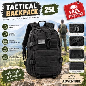 May include: A black tactical backpack with a 25L capacity, featuring multiple compartments, adjustable straps, breathable padding, and a MOLLE system. The front displays a small American flag patch, and the design includes smooth zippers.