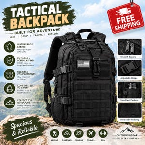 May include: A black tactical backpack featuring multiple compartments, adjustable straps, side mesh pockets, and breathable padding. The front of the bag displays a small American flag patch. The design includes smooth zippers and durable nylon fabric.