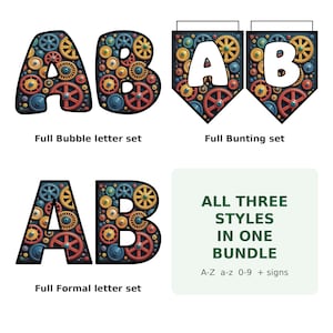Könnte beinhalten: Ein digitales Grafikset mit drei Stilen von Buchstaben und Zahlen mit einem mechanischen Zahnradmuster in Rot, Gelb und Blau. Der Text lautet: Full Bubble letter set, Full Bunting set, Full Formal letter set und ALL THREE STYLES IN ONE BUNDLE A-Z a-z 0-9 + signs.