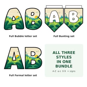 Op de afbeelding: Een digitaal grafisch pakket met drie alfabetstijlen: bubble letters, vlaggetjes en formele letters. Elk teken toont een junglelandschap met groen gebladerte en een gele zon. De tekst luidt: Full Bubble letter set, Full Bunting set, Full Formal letter set en ALL THREE STYLES IN ONE BUNDLE A-Z a-z 0-9 + signs.
