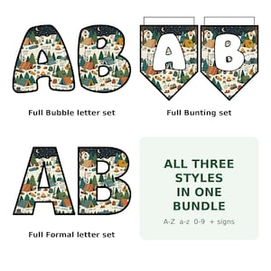 May include: A digital alphabet bundle featuring three styles: bubble letters, bunting flags, and formal letters. Each character displays a camping-themed pattern with tents, trees, and lanterns. Text includes Full Bubble letter set, Full Bunting set, Full Formal letter set, and ALL THREE STYLES IN ONE BUNDLE A-Z a-z 0-9 + signs.