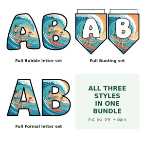 May include: A digital alphabet bundle featuring three styles: bubble letters, bunting flags, and formal letters. Each character displays a surfing scene with children on surfboards against a large ocean wave. Text includes "Full Bubble letter set", "Full Bunting set", "Full Formal letter set", and "ALL THREE STYLES IN ONE BUNDLE A-Z a-z 0-9 + signs".