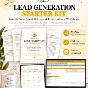Könnte beinhalten: Ein Lead-Generierungs-Starterkit für Immobilienmakler mit einem 24-seitigen digitalen Arbeitsbuch, einem 30-Tage-Inhaltskalender und einem CRM-Dashboard. Die Unterlagen enthalten Text, Checklisten und Tabellen zur Nachverfolgung von Leads.