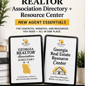 May include: A digital product advertisement for Georgia Realtor Association Directory and Resource Center. Two tablets display the content, featuring the Busy Admin logo, text about agent essentials, clickable links, and a note that 2 PDFs are included.