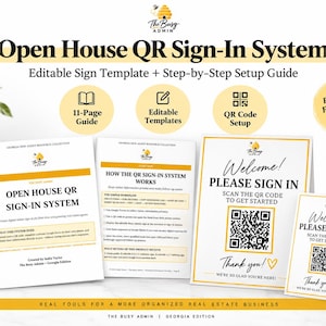 Puede incluir: Un conjunto de plantillas digitales Open House QR Sign-In System que incluye una guía de 11 páginas, plantillas editables e instrucciones de configuración de códigos QR. Los documentos muestran el texto Open House QR Sign-In System, Welcome Please Sign In y Scan the QR Code to Get Started, con un logotipo de abeja y detalles en amarillo en todo el diseño.