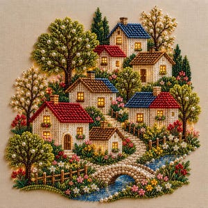 Könnte beinhalten: Ein Perlenstickerei-Kunstwerk, das ein Dorf mit Häusern mit roten und blauen Dächern darstellt, umgeben von grünen Bäumen mit weißen Perlenakzenten, einer Steinbrücke über einem blauen Bach und bunten Blumendetails auf einem Stoffhintergrund.