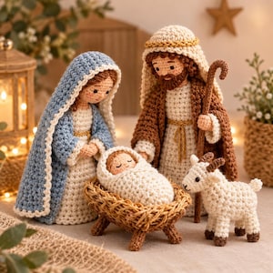 May include: A crochet nativity set featuring figures of a person in a blue and white robe, a person in a brown and beige robe holding a staff, a swaddled infant in a woven manger, and a small white goat with brown hooves and horns.