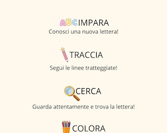 Libro giochi e attività dell'alfabeto, 34 pagine A4, formato PDF
