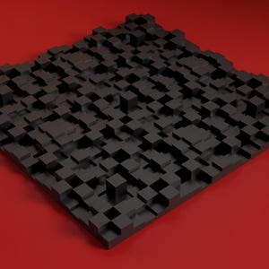Può includere: Un pannello acustico quadrato caratterizzato da una griglia di cubi neri con finitura opaca di altezze variabili. I cubi sono disposti in un motivo denso e irregolare, creando una texture superficiale tridimensionale sull'intero pannello.