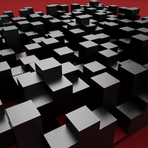 May include: A collection of matte black square-shaped blocks of varying heights arranged in a grid pattern. The blocks are positioned closely together, creating a textured surface with deep gaps between them, set against a solid dark red background.