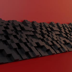 Pode incluir: Um painel de parede com um padrão repetitivo de blocos retangulares pretos tridimensionais de alturas e profundidades variáveis, sobre um fundo vermelho sólido e liso que se estende pela parte superior e inferior da composição.