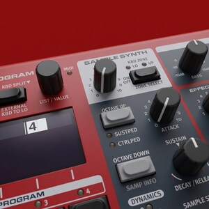 K&ouml;nnte beinhalten: Ein rotes Bedienfeld f&uuml;r einen elektronischen Synthesizer mit einer Digitalanzeige, die die Zahlen 3 und 4 zeigt. Die Oberfl&auml;che enth&auml;lt schwarze Drehkn&ouml;pfe, graue rechteckige Tasten und Text, einschlie&szlig;lich Sample Synth.