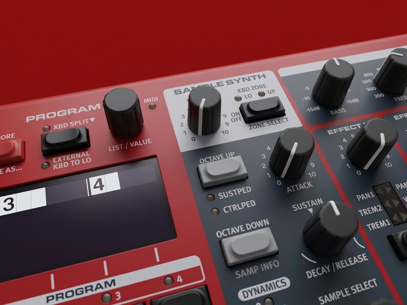 K&ouml;nnte beinhalten: Ein rotes Bedienfeld f&uuml;r einen elektronischen Synthesizer mit einer Digitalanzeige, die die Zahlen 3 und 4 zeigt. Die Oberfl&auml;che enth&auml;lt schwarze Drehkn&ouml;pfe, graue rechteckige Tasten und Text, einschlie&szlig;lich Sample Synth.