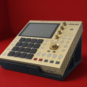 May include: A gold Akai Professional MPC One music production controller featuring a black touchscreen, sixteen black square pads, multiple control buttons, and gold rotary knobs. The device is mounted on a dark grey angled stand.