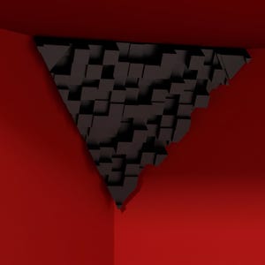 Könnte beinhalten: Ein schwarzes Akustikschaumstoffpaneel mit einem dreidimensionalen geometrischen Design aus verschiedenen quadratischen und rechteckigen Blöcken unterschiedlicher Höhe, die in einer Dreiecksform in der Ecke eines hellroten Raums angebracht sind.