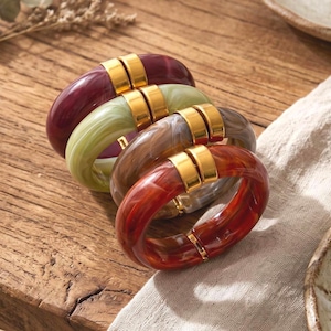 May include: Four thick, rounded bangle bracelets made of polished resin in shades of deep burgundy, sage green, marbled gray, and burnt orange. Each bracelet features a prominent, smooth gold-toned metal accent piece that connects the ends.