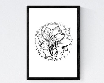 Yoni Lotus Blossom Print A4 | Yoni Art | Yoni Print | Goddess Print | Vulva Print | Yoni Drawing Sketch Print | Vulva Art | Flower Print