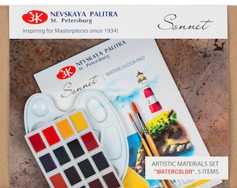 Watercolor Paint GIFT Kit Set SONNET® 16 colors 2.5ml Full Pan Palette Pad Paper Brush St.Petersburg