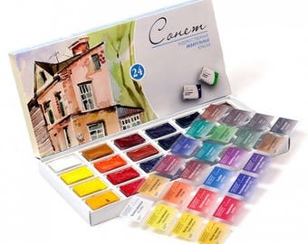 Watercolor Set, SONNET, 24 colors Full Pans 2.5 ml, Russian Watercolors, Saint Petersburg, Nevskaya Palitra