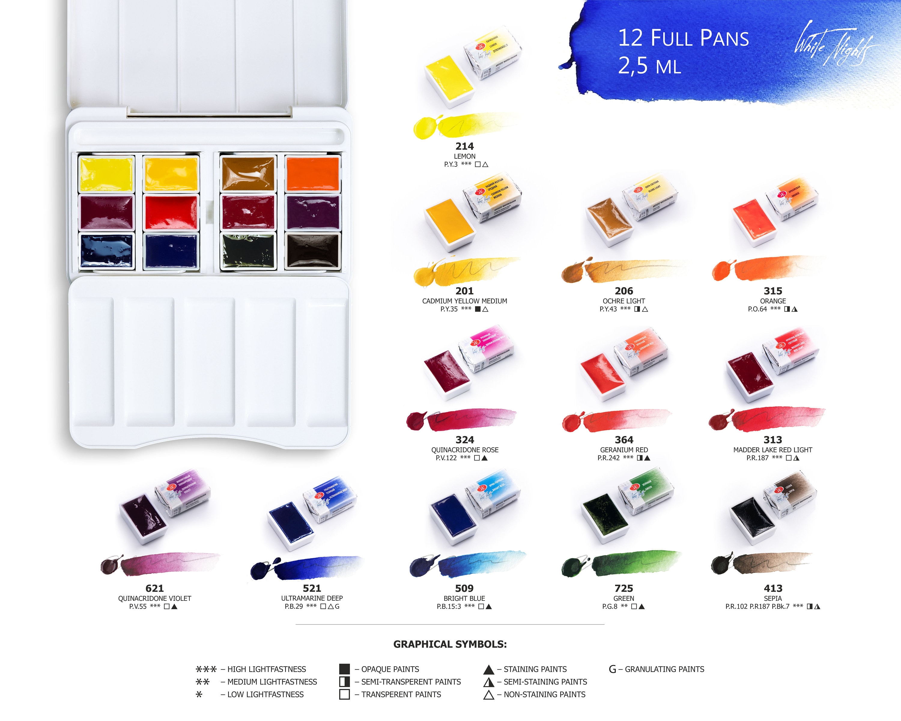12 Watercolor Paint White Nights® Travel Set BOTANICA Full Pan Palette