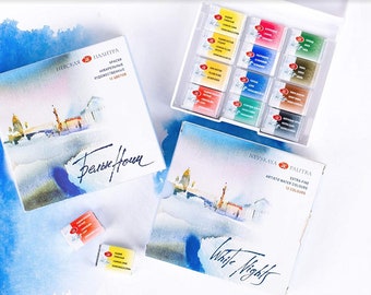 12 Watercolor Paint Full Pan Extra Fine Artist TRAVEL Set St.Petersburg White Nights® Professional St.Petersburg