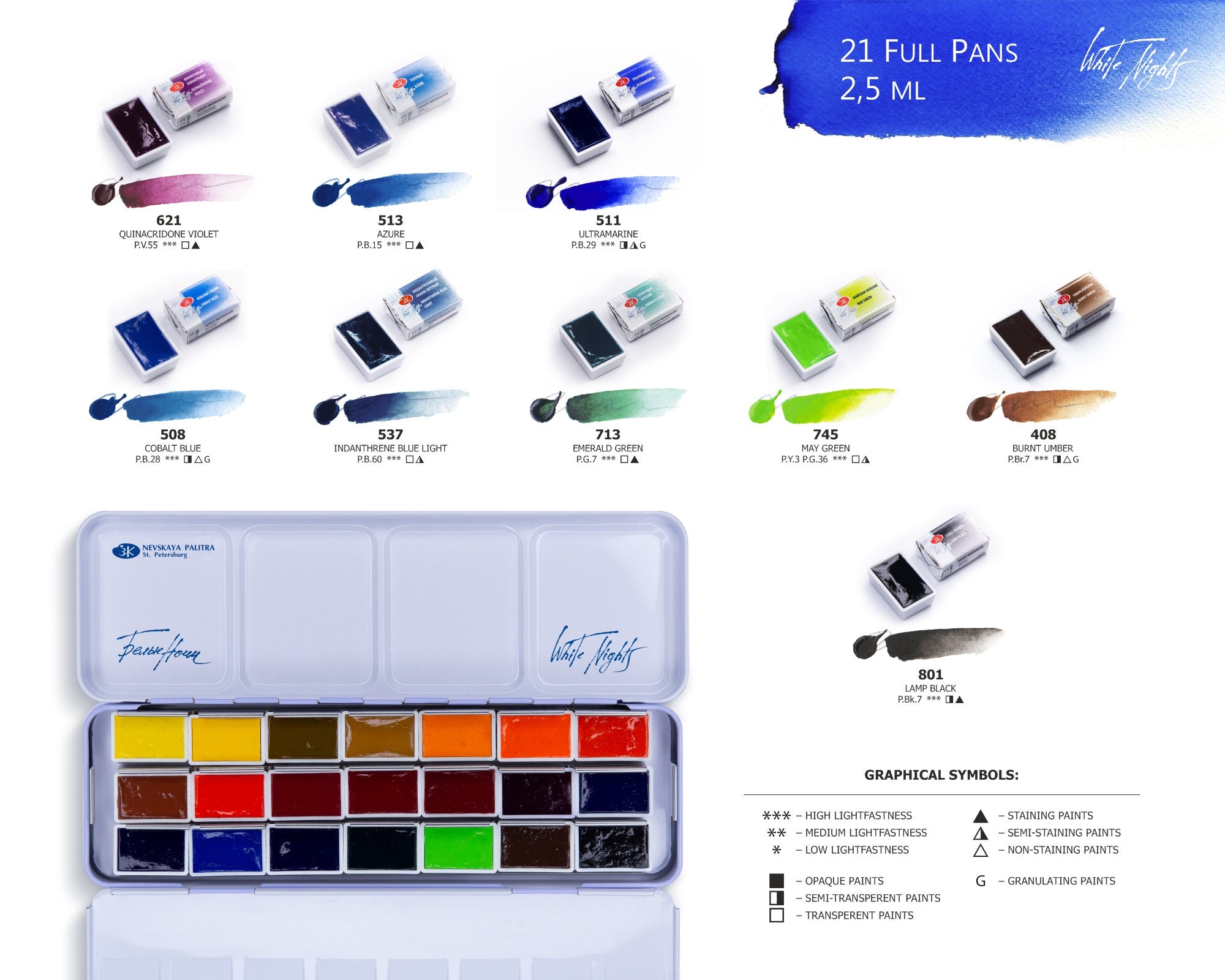  White Nights Extra Fine Artists Grade Professional Watercolor  Set 24 full 2.5ml Pans in Plastic Box by Nevskaya Palitra