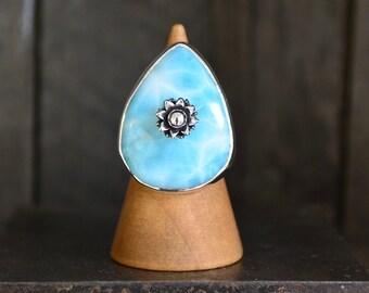 Larimar Ring, Larimar, Larimar Statement Ring, Flower Larimar, Floral Statement Ring, Blue Gemstone Ring, Blue Gemstone, Aqua, Sterling