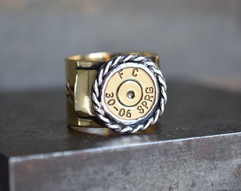 Bullet Ring, Size 5, Raw Brass Bullet, Brass Bullet Ring, Bullet, Bullet Jewelry, Sterling silver, Brass,Raw Brass,Recycled Bullet,Wide Band
