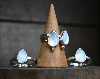 Rainbow Moonstone Ring, Moonstone Ring, Sterling Silver, 14K Gold, Teardrop Moonstone Ring, Moonstone Stacker, Gold, Mixed Metal, Moonstone