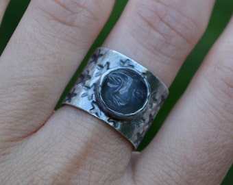 Man in the Moon Ring, Moonstone Ring, Wide Band,Sterling silver, Grey Moonstone Size 6