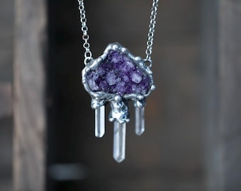 Raw Amethyst and Quartz Crystal Necklace , Handmade Tiffany Soldered Pendant , Natural Stone Jewelry ,February Birthstone,Statement Necklace