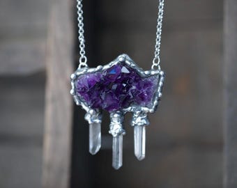 Amethyst and Quartz Crystal Necklace – Handmade Lunar-Inspired Pendant – Tiffany Soldered with Lead-Free Metal – Celestial Crystal Jewelry