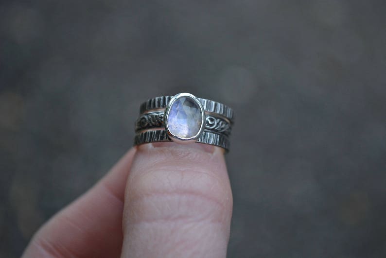 Moonstone Ring Rose Cut Moonstone Ring Rainbow Moonstone Stacking Rings Rainbow Moonstone Rings Sterling Silver,Stacking Set Moonstone