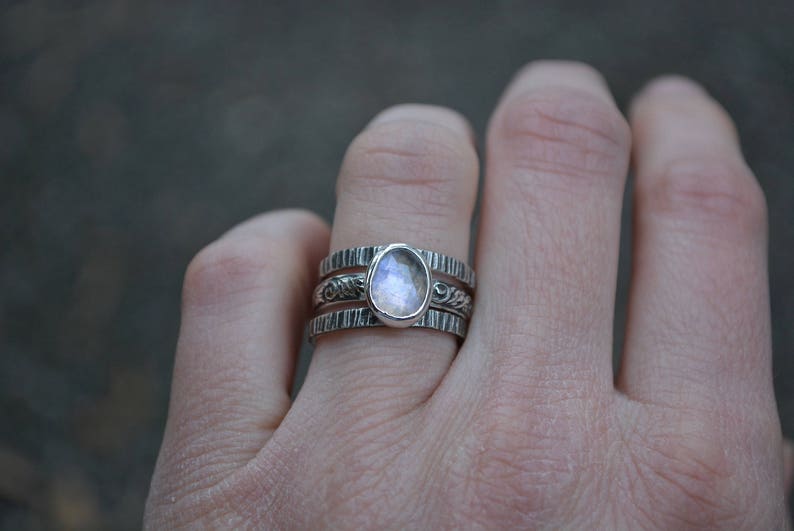 Moonstone Ring Rose Cut Moonstone Ring Rainbow Moonstone Stacking Rings Rainbow Moonstone Rings Sterling Silver,Stacking Set Moonstone