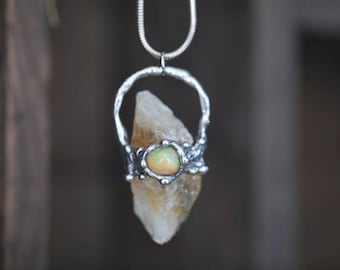 Handmade Opal & Citrine Necklace One of a Kind Silver Pendant | Ethiopian Opal Crystal Jewelry | Raw Citrine Gift for Her