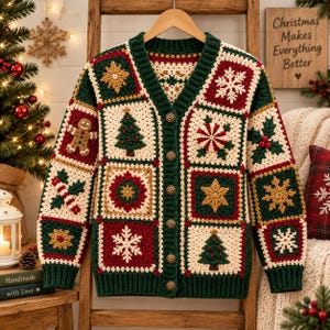 May include: A V-neck cardigan made of crocheted granny squares in red, green, and cream. The squares feature holiday motifs including gingerbread men, Christmas trees, snowflakes, candy canes, and holly berries. It has a dark green ribbed trim.
