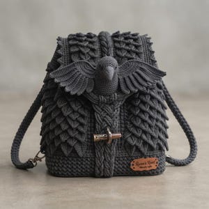 May include: A dark gray crocheted backpack featuring a three-dimensional raven figure on the front flap. The bag is adorned with layered leaf-like textures, a central toggle closure, and a brown leather tag labeled Raven's Roost Handicrafts.