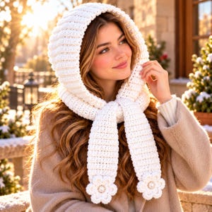 May include: A white crocheted hooded scarf featuring a ribbed texture and two dangling ends, each finished with a crocheted flower motif centered with a small white pearl bead. The accessory is crafted from thick yarn and provides full head coverage.