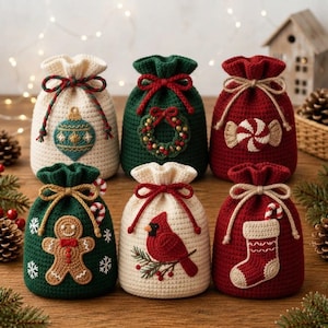 Peut inclure: Six petits sacs à cordon en crochet avec des motifs de fête, notamment une boule bleue, une couronne verte, un bonbon à la menthe rouge, un bonhomme en pain d'épice, un cardinal rouge et une chaussette, chacun noué par un cordon décoratif.