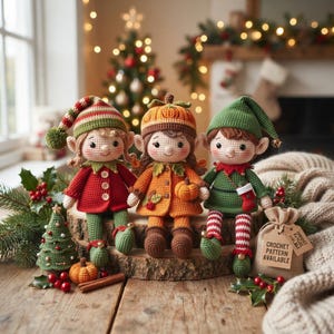 May include: Three crocheted dolls featuring an elf in a red coat, a figure in an orange pumpkin-themed outfit, and an elf in a green coat with striped leggings. A small crocheted tree, a pumpkin, and a bag with a tag reading CROCHET PATTERN AVAILABLE.