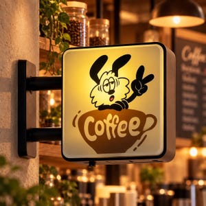 Könnte beinhalten: Ein quadratisches, beleuchtetes Wand-Schild mit einem Cartoon-Hund mit schwarz-weißem Fell, der ein Friedenszeichen zeigt. Der Hund ist über einer braunen Kaffeetassen-Grafik positioniert, auf der das Wort Coffee in Schreibschrift steht.