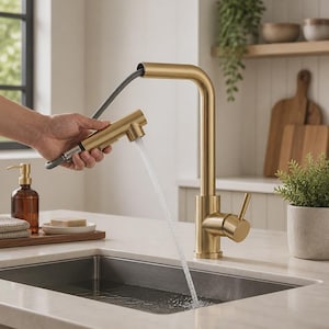 Può includere: Un rubinetto da cucina in oro spazzolato con doccetta estraibile e una maniglia a leva singola. Il rubinetto presenta un design a canna alta con un tubo flessibile grigio, e l'acqua scorre dalla doccetta in un lavello in acciaio inox.